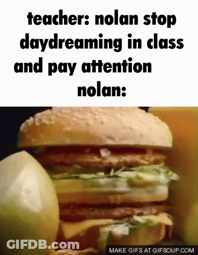A Picture Of A Hamburger With A Caption That Says Teachers Nolan Stop Daydreaming In Class And Pay Attention Nolan GIF