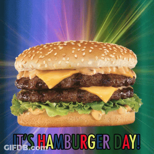 A Picture Of A Hamburger With The Words It 'S Hamburger Day GIF