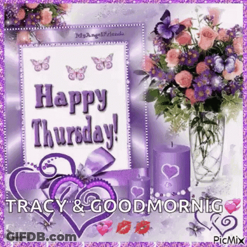 A Picture Of A Happy Thursday Greeting Card With Purple Flowers And Candles GIF