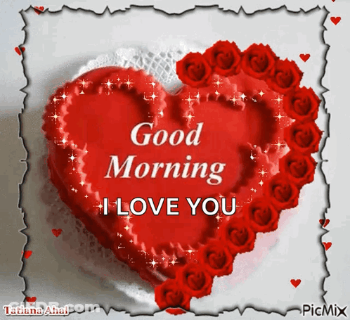 A Picture Of A Heart Shaped Cake With The Words Good Morning I Love You GIF