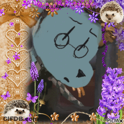 A Picture Of A Hedgehog Surrounded By Purple Flowers And A Picture Of A Blue Bear With Glasses GIF