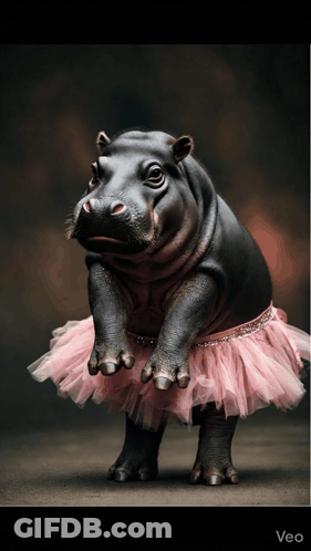 A Picture Of A Hippo Wearing A Pink Tutu With Veo At The Bottom GIF