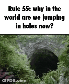 A Picture Of A Hole With The Caption Rule 55 Why In The World Are We Jumping In Holes Now GIF