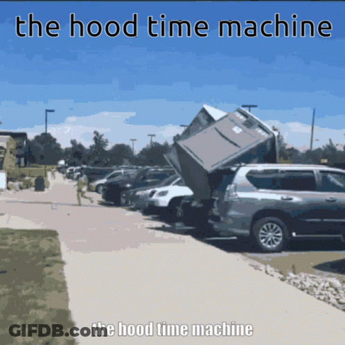 A Picture Of A Hood Time Machine With A Fridge In The Back Of A Suv GIF