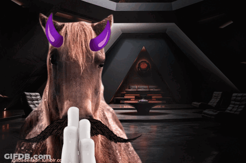 A Picture Of A Horse With Purple Horns And A Mustache Is On A Tumblr Page GIF