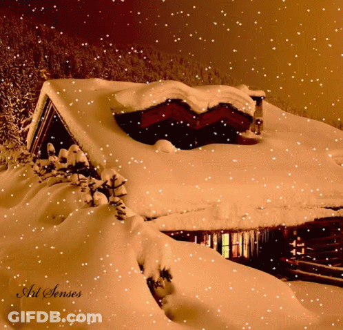 A Picture Of A House Covered In Snow With Art Senses Written On The Bottom GIF