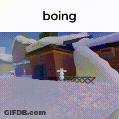 A Picture Of A House With Snow On The Roof And The Word Boing Below It GIF