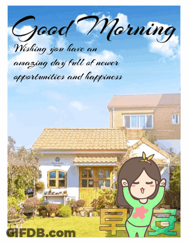 A Picture Of A House With The Words " Good Morning Wishing You Have An Amazing Day Full Of Newer Opportunities And Happi GIF