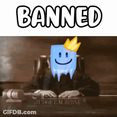 A Picture Of A Judge With A Smiley Face On His Face And The Words Banned Above Him GIF