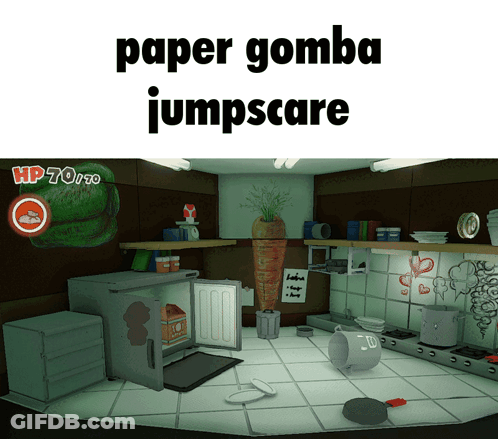 A Picture Of A Kitchen With The Words Paper Gomba Jumpscare On Top GIF