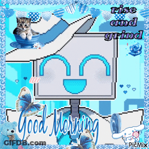 A Picture Of A Kitten In A Cup With The Words Rise And Grind Above It GIF