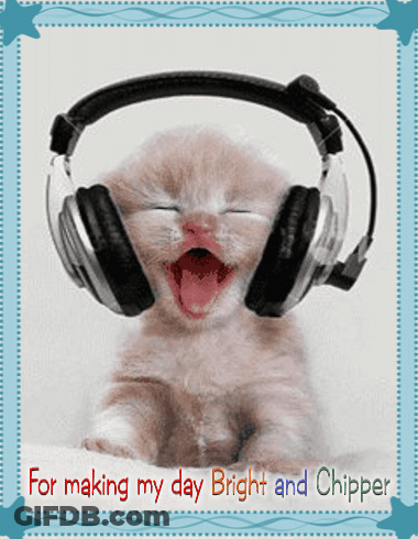 A Picture Of A Kitten Wearing Headphones With The Words For Making My Day Bright And Chipper Below It GIF
