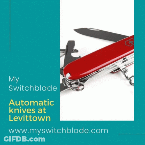 A Picture Of A Knife With The Words My Switchblade Automatic Knives At Levittown Www.myswitchblade.com At The Bottom GIF