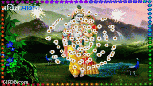 A Picture Of A Krishna And Radha Surrounded By Flowers And A Peacock GIF