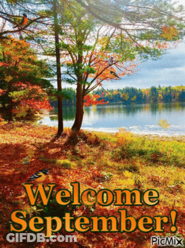 A Picture Of A Lake With Trees And Leaves And The Words Welcome September GIF