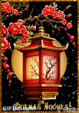 A Picture Of A Lantern With Flowers And The Words Buenas Noches On It GIF