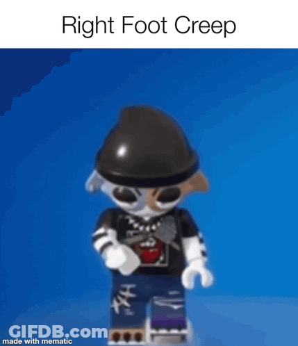 A Picture Of A Lego Figure With The Words Right Foot Creep Above It GIF