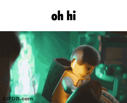A Picture Of A Lego Man Reading A Book With The Words Oh Hi Above Him GIF