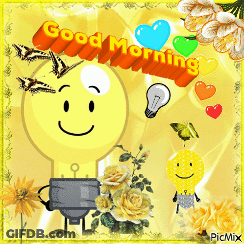 A Picture Of A Light Bulb With Flowers And Butterflies Says Good Morning GIF