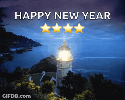 A Picture Of A Lighthouse With The Words Happy New Year GIF