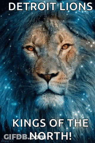 A Picture Of A Lion With The Words Detroit Lions Kings Of The North On It GIF