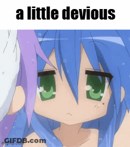 A Picture Of A Little Devious Anime Girl With Blue Hair And Green Eyes GIF