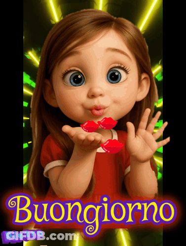 A Picture Of A Little Girl Blowing A Kiss With The Words Buongiorno Beneath Her GIF