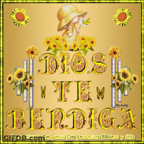 A Picture Of A Little Girl Holding A Flower With The Words Dios Y Te M Bendiga GIF