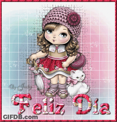 A Picture Of A Little Girl Holding An Umbrella And A Cat With Feliz Dia Written On The Bottom GIF