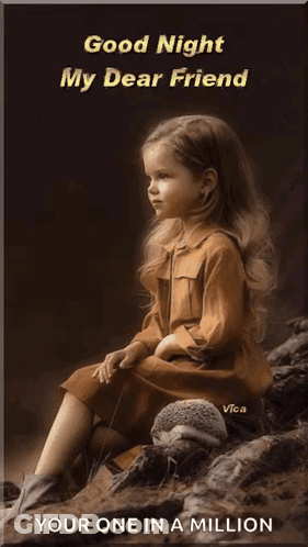 A Picture Of A Little Girl Sitting Next To A Hedgehog With The Words " Good Night My Dear Friend " GIF