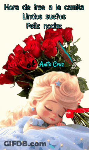 A Picture Of A Little Girl Sleeping Next To A Bouquet Of Red Roses And The Words Hora De Irse A La Camita GIF