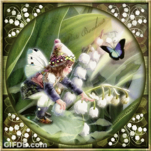 A Picture Of A Little Girl With A Butterfly And The Words " Petit Bonheur " GIF