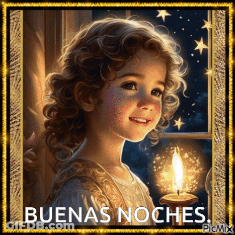 A Picture Of A Little Girl With A Candle And The Words " Buenas Noches " GIF
