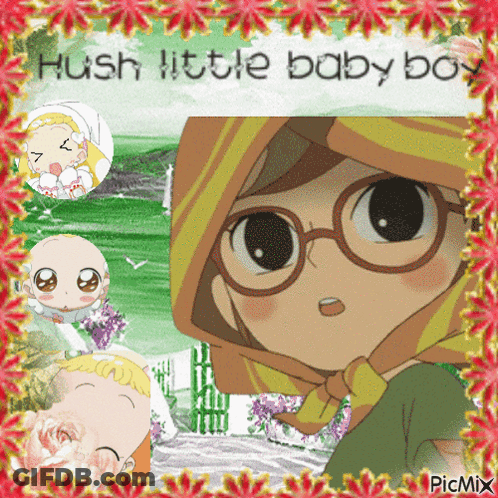 A Picture Of A Little Girl With The Words Hush Little Baby Boy On It GIF