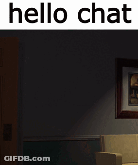 A Picture Of A Living Room With The Words Hello Chat Written Above It GIF