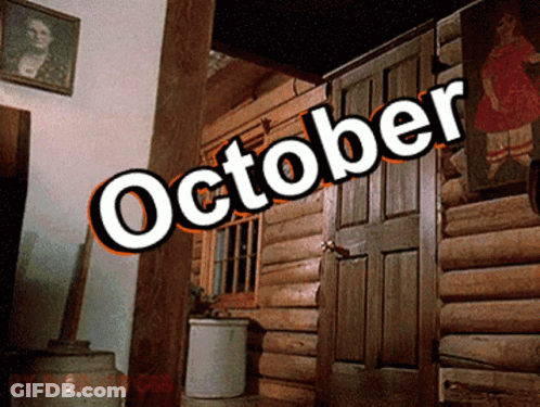 A Picture Of A Log Cabin With The Words October On It GIF