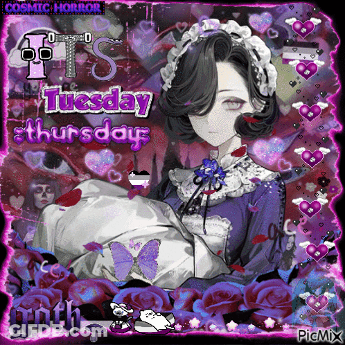 A Picture Of A Maid Holding A Baby With The Date Tuesday Thursday On It GIF