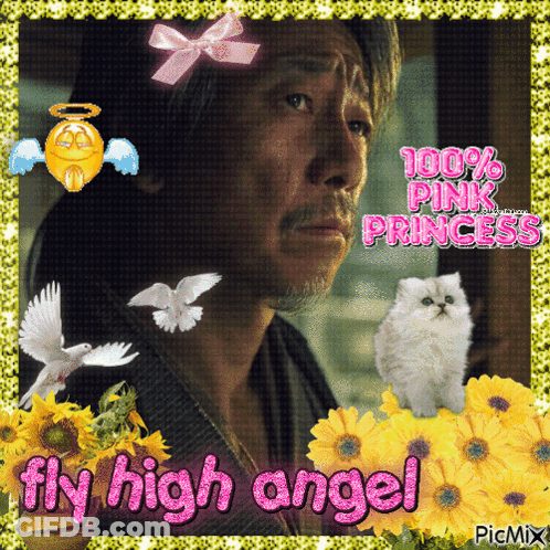 A Picture Of A Man And A Cat With The Words Fly High Angel GIF