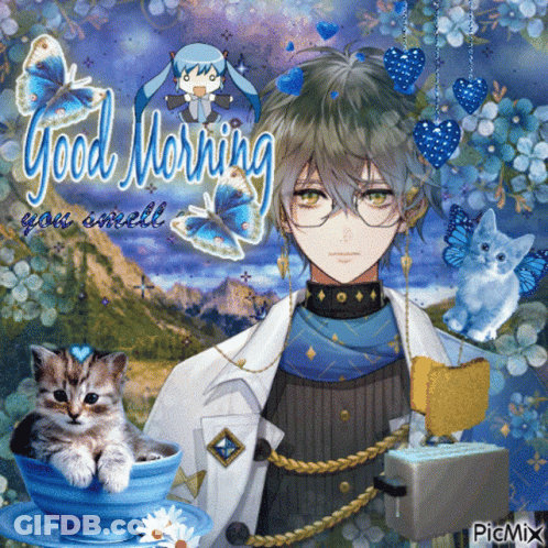 A Picture Of A Man And A Cat With The Words " Good Morning You Smell " GIF