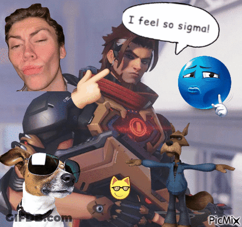 A Picture Of A Man And A Dog With A Speech Bubble That Says I Feel So Sigma GIF