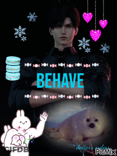 A Picture Of A Man And A Dog With The Word Behave In Blue GIF
