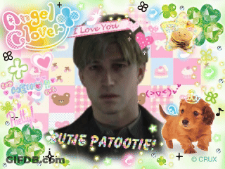 A Picture Of A Man And A Dog With The Words " Cutie Patootie " On It GIF