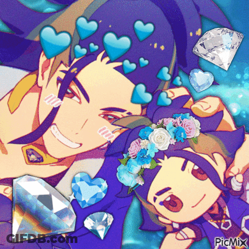A Picture Of A Man And A Girl With Hearts On Their Faces And A Diamond In The Middle GIF