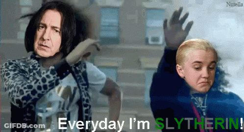 A Picture Of A Man And A Girl With The Words " Everyday I 'M Slytherin " GIF