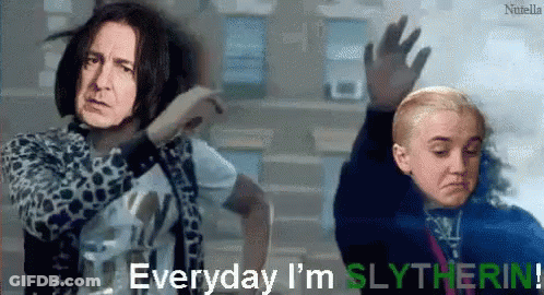 A Picture Of A Man And A Girl With The Words " Everyday I 'M Slytherin " GIF