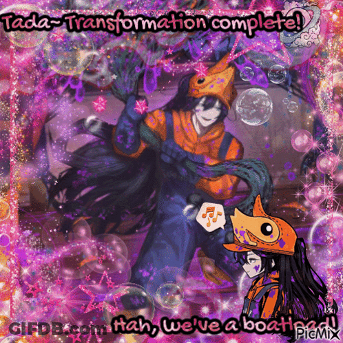 A Picture Of A Man And A Girl With The Words " Transformation Complete " At The Top GIF