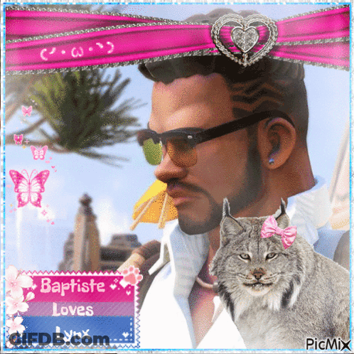 A Picture Of A Man And A Lynx With Baptiste Loves Lynx On The Bottom GIF