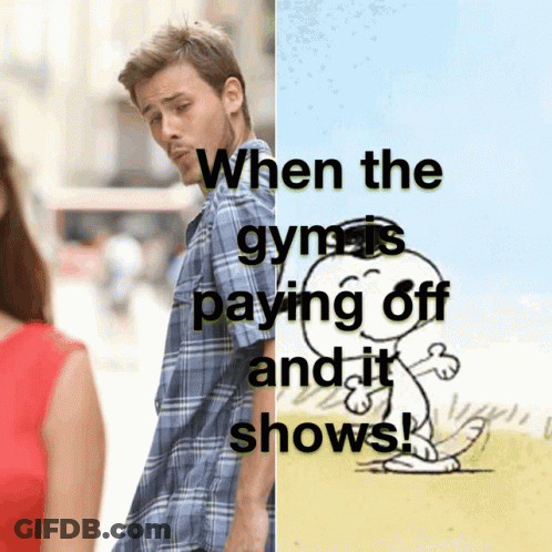 A Picture Of A Man And A Picture Of Snoopy That Says When The Gym Is Paying Off And It Shows GIF