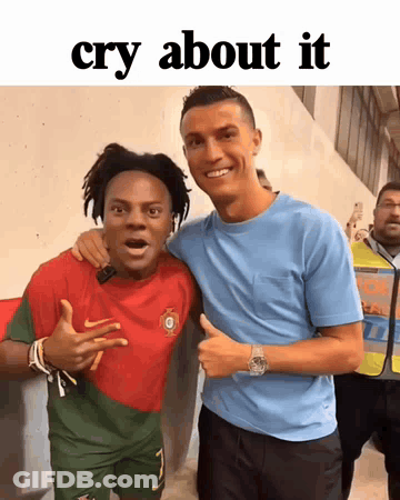 A Picture Of A Man And A Soccer Player With The Words Cry About It GIF