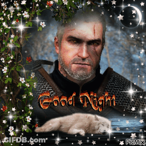 A Picture Of A Man And A Wolf With The Words Good Night On It GIF